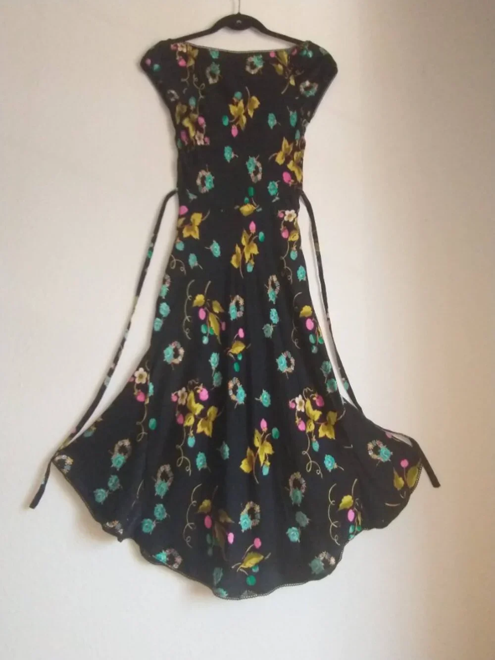 VTG 90s Betsey Johnson Black Silk Cherry Strawberry Floral Fruit Slip Midi Dress